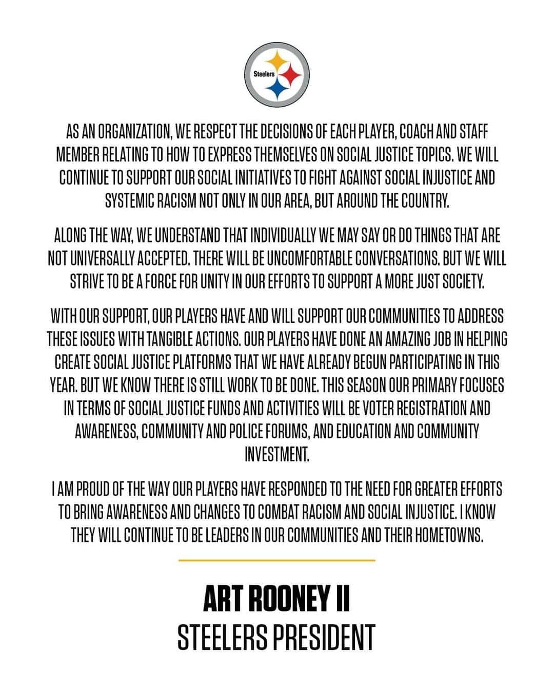 ピッツバーグ・スティーラーズさんのインスタグラム写真 - (ピッツバーグ・スティーラーズInstagram)「Statement from #Steelers President Art Rooney II」9月18日 0時47分 - steelers