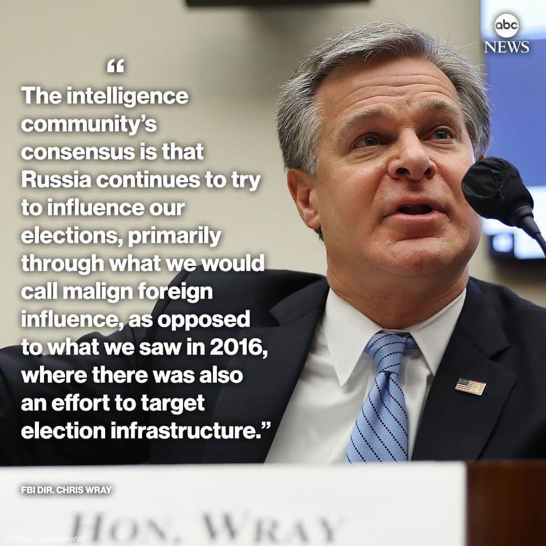 ABC Newsさんのインスタグラム写真 - (ABC NewsInstagram)「"We certainly have seen very active, very active efforts by the Russians to influence our election in 2020," FBI Dir. Wray testifies, "primarily through what we would call malign foreign influence" as opposed to targeting election infrastructure. #chriswray #fbi #russia #election #electioninterference」9月18日 0時50分 - abcnews