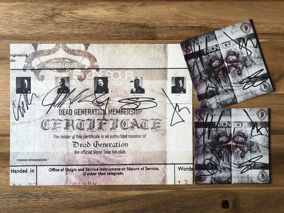 Stone Sourのインスタグラム：「We'll be celebrating the 10 year anniversary of Audio Secrecy for the rest of the month - and a few lucky fans who get their hands on the vintage Audio Secrecy Tracklist tee before the end of the month may end up with one of these signed booklets or ledger with their t-shirt! Signed by all 5 members from that record. Grab the shirt at store.stonesour.com (link in bio)」