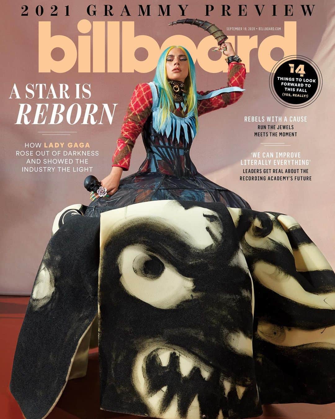 ニコラ・フォルミケッティのインスタグラム：「⚔️ BATTLE FOR YOUR LIFE  @ladygaga for @billboard   photo @djenebaaduayom  hair @fredericaspiras  make up @sarahtannomakeup  nail @mihonails   gaga wearing @andreabrocca dress @garbofficial blue dress @jis00jang knitwear @gasolineglamour horn  @ceciliodesigns neckpiece @lance.v.moore bracelet and belts」