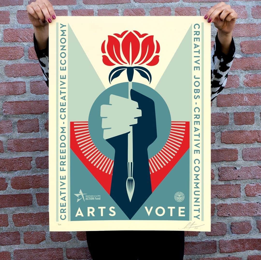 Shepard Faireyのインスタグラム：「ARTSVOTE SCREEN PRINT AVAILABLE TUESDAY, SEPTEMBER 22ND!⁠ ⁠ The arts are incredibly important to both the individuals of this nation and who we are, collectively, as a nation. There’s a tremendous economic benefit to art and all the creative endeavors and culture generated by the arts. Still, even more importantly, art connects people to their true humanity and their best selves, allowing them to express their unique vision and connect with other humans. I’m proud to work with Americans for the Arts and release this print for ArtsVote's “Make Your Vote Count” campaign! A portion of proceeds from the print sales will go to @artsactionfund’s #ArtsVote program, where they are currently providing voter factsheets for every state and U.S. territory, providing the latest details and deadlines on vote-by-mail ballots, early voting, and in-person voting, and offering registered voters info on all the new election rules and deadlines created due to COVID-19. Thanks for caring!⁠ -Shepard⁠ ⁠ Please allow for longer handling time for this release, thanks in advance for your patience.⁠ ⁠ ArtsVote. 18 x 24 inches. Screen print on thick cream Speckletone paper. Signed by Shepard Fairey. Numbered edition of 500. $75. Proceeds go to Arts Action Fund’s ArtsVote program. Available on Tuesday, September 22nd @ 10 AM PDT at https://store.obeygiant.com/collections/prints. Max order: 1 per customer/household. International customers are responsible for import fees due upon delivery.⁣ Shipping may be delayed due to COVID-19. ALL SALES FINAL.⁠」