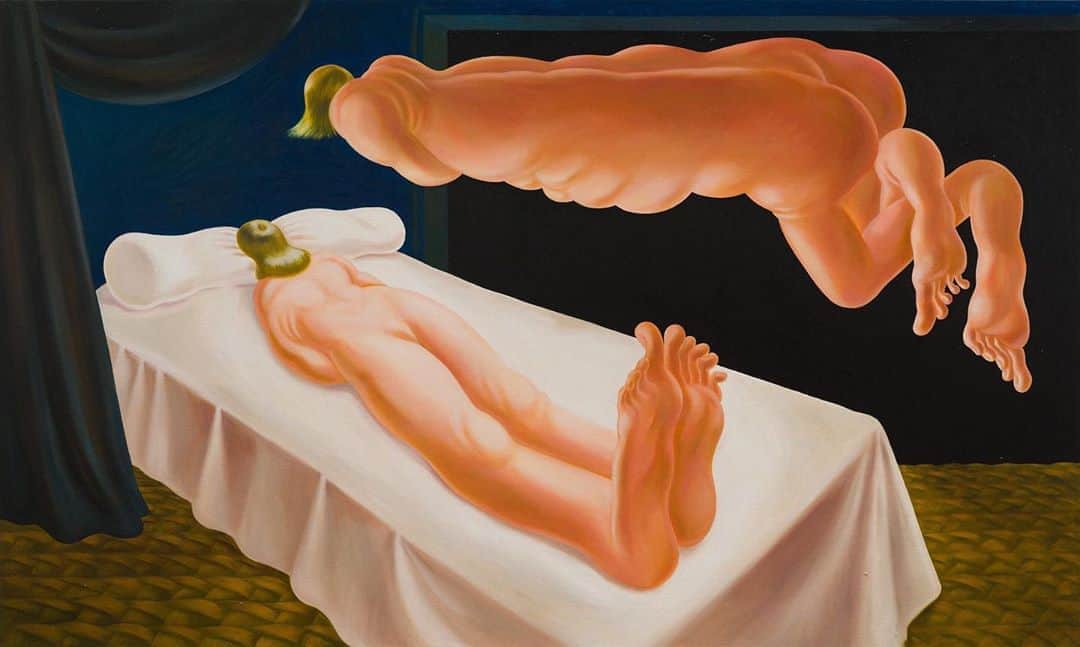 のインスタグラム：「#LouiseBonnet: "The Hours," an exhibition of new oil paintings by Louise Bonnet, opens September 29. The installation will be viewable exclusively through the storefront windows of Gagosian, Park & 75, New York, twenty-four hours a day.   Bonnet’s fascination with the body in extremis prompts a range of other comparisons, from Lucas Cranach the Elder and Caravaggio to modern and contemporary iconoclasts such as Philip Guston and Cindy Sherman, as well as satirists Basil Wolverton and Robert Crumb. In particular, "The Hours" emphasizes the sexual perversity of the figures: in "Visitation" (2020), the spectral double of a supine figure hovers overhead, naked and sexless. Follow the link in our bio to learn more about the exhibition. __________ #Gagosian @louisebonnetstudio Louise Bonnet, "Visitation," 2020 © Louise Bonnet. Photo: Jeff McLane」