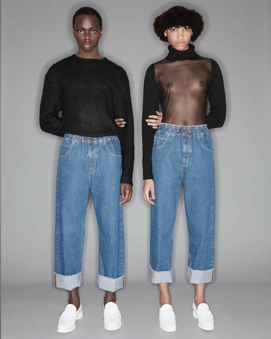 オープニングセレモニーのインスタグラム：「Denim for all, shop online on openingceremony.com ⁠ ⁠ 📸 by @julienmartinezleclerc / styling by @nathankleinstyling/ hair by @pierresaintsever / make-up by #cecileparavina / models @iamdanyrose ⁠ & @prince_coulio」