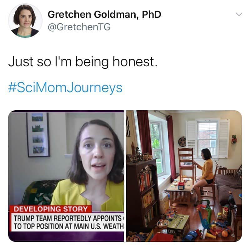 Average Parent Problemsのインスタグラム：「Is this a picture of a mom multi-tasking or a scientist arguing on national TV that a climate change denier shouldn’t be put into a leadership position at the The National Oceanic and Atmospheric Administration? How about both. Swipe left. Also wanted to add this comment from the woman in the photos: “This is going viral because of the comic relief. But I want to be clear that parents are being put in an impossible situation now and it will derail entire careers, especially for moms.” - Gretchen Goldman, PHD」