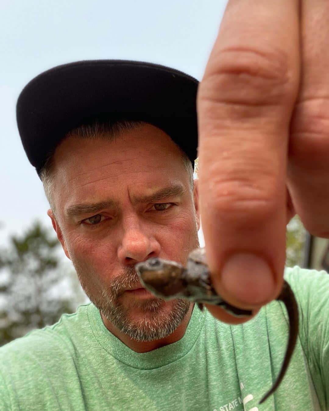 ジョシュ・デュアメルのインスタグラム：「It’s all fun and games until this little guy gains 50lbs and wants to snack on my fingers.   A snapping turtle’s jaw strength has been registered between 208 and 226 Newtons of force. I don’t know exactly what that means, but I’ll probably keep my hands to myself the next time our paths cross.」