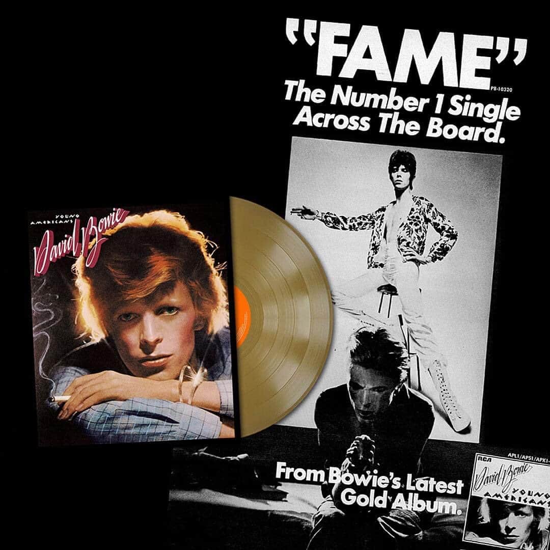 デヴィッド・ボウイさんのインスタグラム写真 - (デヴィッド・ボウイInstagram)「YOUNG AMERICANS 45TH GOLD VINYL REMINDER   “Fame - what you need you have tomorrow...” *   As previously mentioned, in celebration of the 45th anniversary of David Bowie’s Fame becoming his first #1 single in the US, Parlophone has issued a limited edition ‘bricks & mortar’ only, gold vinyl version of the album from whence it came, Young Americans.   The Young Americans gold edition is released tomorrow ‪on Friday 18th September‬, Fame peaked at #1 on the BILLBOARD HOT 100 45 years earlier to the week, on 20th September, 1975.   Fame was preceded by the Young Americans single in the US, a release which was also a Top 30 hit in May of the same year.   * Yes, the original lyric is “Fame - what you need you have to borrow...”   FOOTNOTE: Due to the continued restrictions of the pandemic, you should be able to find the Young Americans gold edition in the online stores of your favoured high street vinyl emporiums.   #YoungAmericansGold  #BowieFame  #BowieVinyl」9月18日 7時46分 - davidbowie