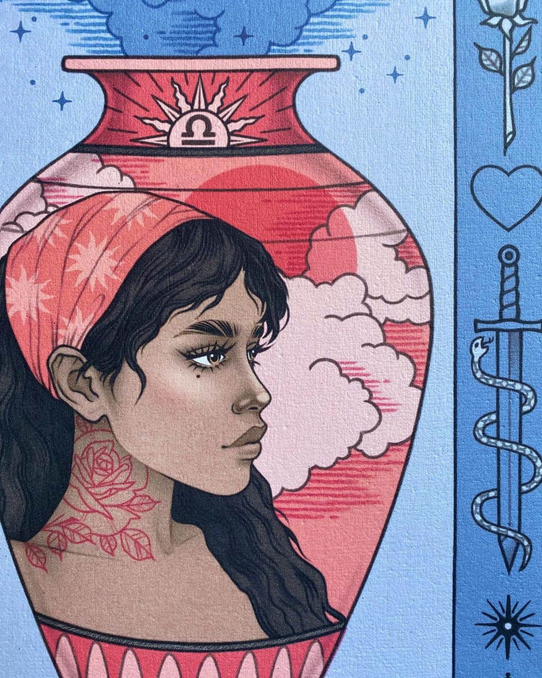 Rik Leeのインスタグラム：「Libra! The second piece from my zodiac series. Prints are listed on my store now for those who are interested - link in my bio. I’ll throw in some stickers with any orders placed today too.  . #riklee #illustration #art #zodiac #libra #starsign #horoscope #tattoo #rose #vase #beauty #babe」