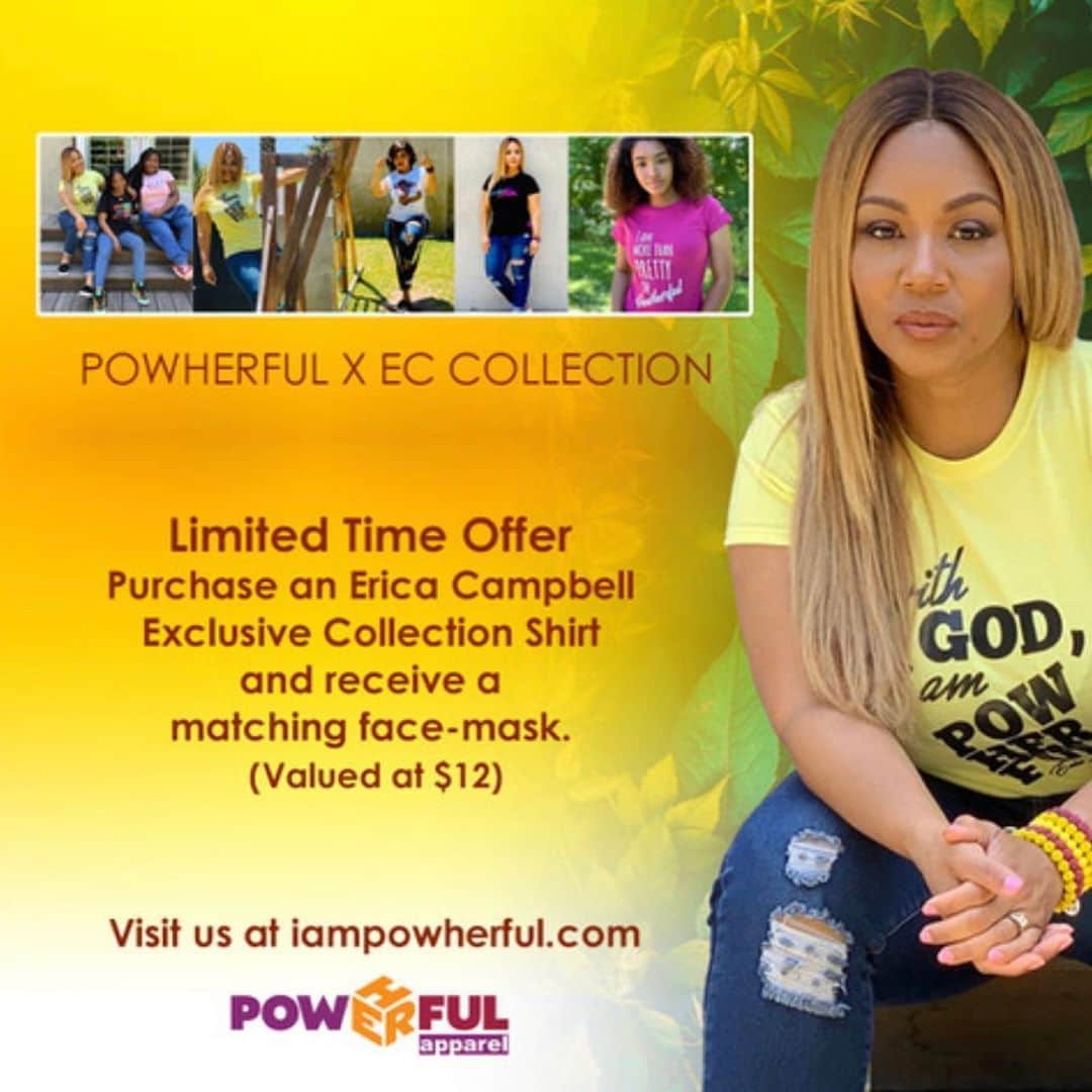 エリカ・キャンベルさんのインスタグラム写真 - (エリカ・キャンベルInstagram)「The Erica Campbell x @iampowherful apparel collection is HERE! Go check it out at iampowherful.com. For every shirt you purchase from my collection, you will receive a FREE mask 🤗🤗. Don’t forget ladies that WITH GOD, you are POWHERFUL! 🥰  #EricaCampbell #merch #freemask #iampowherful #swipeleft #linkinbio」9月18日 10時35分 - imericacampbell