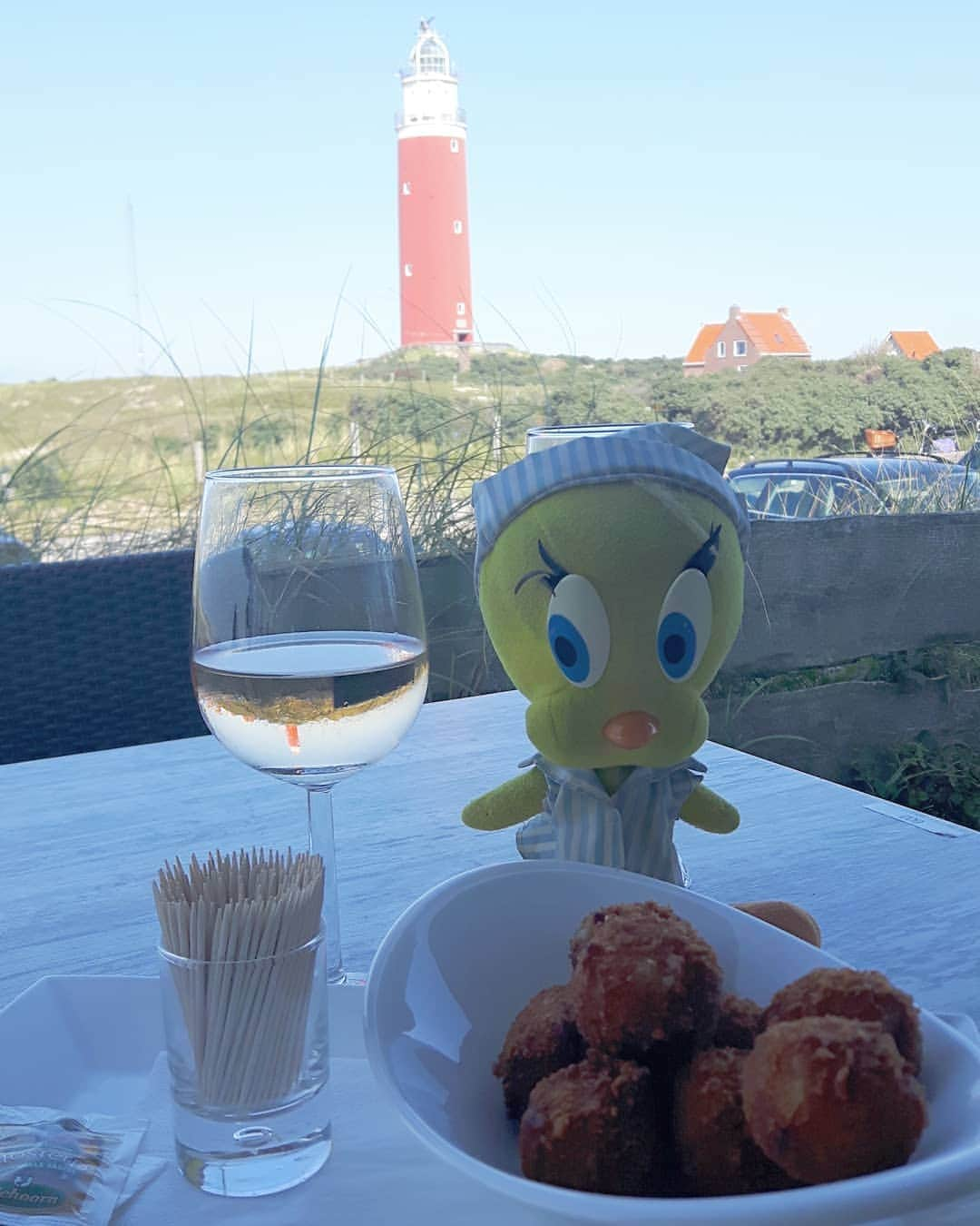 Little Yellow Birdさんのインスタグラム写真 - (Little Yellow BirdInstagram)「Just one more bite, and my holiday part 1 is already over...next week, part 2: Giethoorn. Very famous in the Netherlands but I've never been there... #littleyellowbird #tweety #tweetykweelapis #adventures #yellow #bird #weekend #friday #happyhour #bitterballen #texel #waddeneiland #wadden #northsea #noordzee #holidays #vuurtoren #lighthouse #netherlands #nederland #torenrestaurant #stuffedanimalsofinstagram #plushiesofinstagram」9月18日 22時53分 - tweetykweelapis