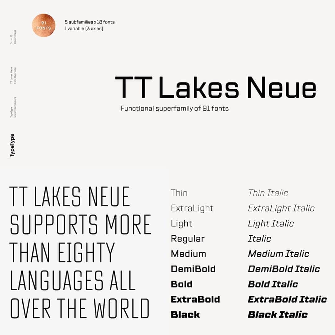 myfontsさんのインスタグラム写真 - (myfontsInstagram)「A huge overhaul and update of their popular Finnish square sans, Vika Usmanova, Antonina Zhulkova, and Kseniya Karataeva’s TT Lakes Neue adds a 2-axis variable font as well as a much-expanded character set; it’s currently exclusive to MyFonts: https://bit.ly/2Rz0q1p」9月18日 21時25分 - myfonts