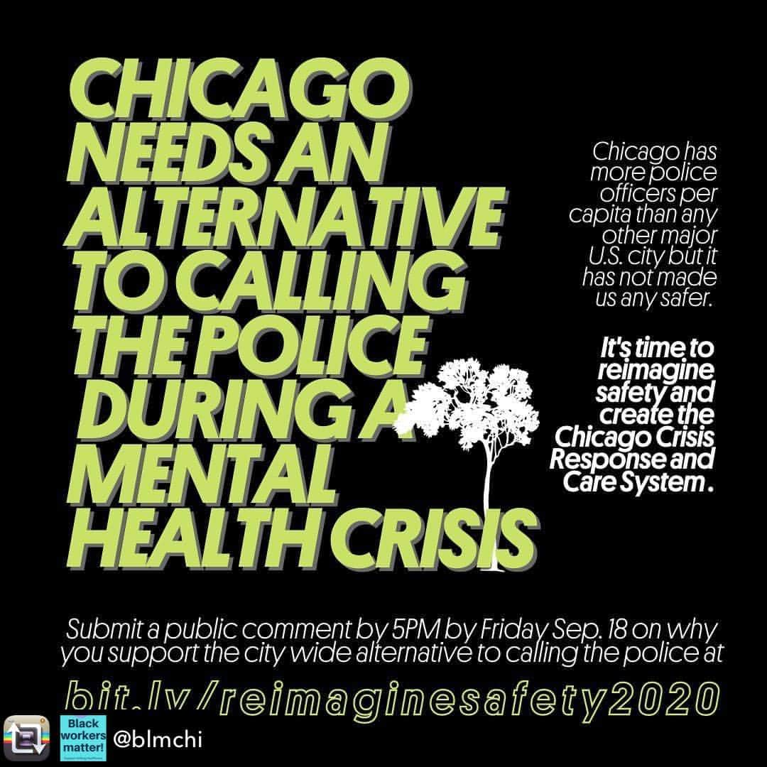 キャリー・クーンのインスタグラム：「Repost from @blmchi using @RepostRegramApp - 🗣Action alert ❗️ Sharing from @grassrootscollaborative:  Tell the Committee on Health and Human Relations that we need trained social workers showing up to a mental health crisis, not armed police! Go to bit.ly/reimaginesafety2020 to submit a written public comment before 5 PM Friday. Link in bio!  Alderwoman Rossana Rodriguez has introduced an order to create a city-wide crisis response system that would reduce CPD spending in order to invest in mental health care instead. The Order (Or2020-242) calls for the establishment of a 24-hour mental health crisis hotline and the creation of crisis response teams consisting of a social worker and a paramedic, with the goal of expanding public mental health clinics that prevent and respond to crisis situations.  Because half of Chicago's mental health clinics were closed in 2012, Chicagoans in need of mental health care ended up either on the street or in Cook County Jail. Tell City Council we need life-saving resources, not police.」