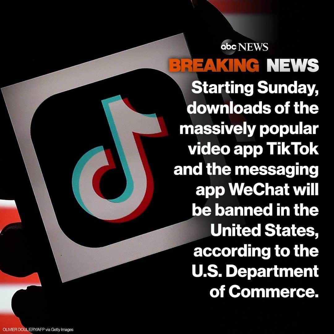 ABC Newsさんのインスタグラム写真 - (ABC NewsInstagram)「BREAKING: Starting Sunday, downloads of the massively popular video app TikTok and the messaging app WeChat will be banned in the United States, according to the U.S. Department of Commerce. #tiktok #wechat」9月18日 21時26分 - abcnews