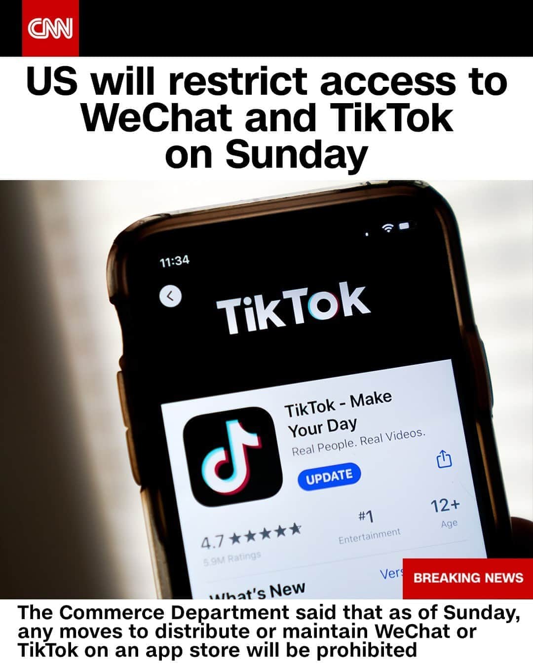 CNNさんのインスタグラム写真 - (CNNInstagram)「The US government plans to restrict access to TikTok and WeChat on Sunday as the Trump administration's executive orders against the two apps are set to take effect. The US Department of Commerce says any moves to distribute or maintain TikTok or WeChat on an app store will be prohibited.⁠ (📸: Drew Angerer/Getty Images)」9月18日 21時36分 - cnn