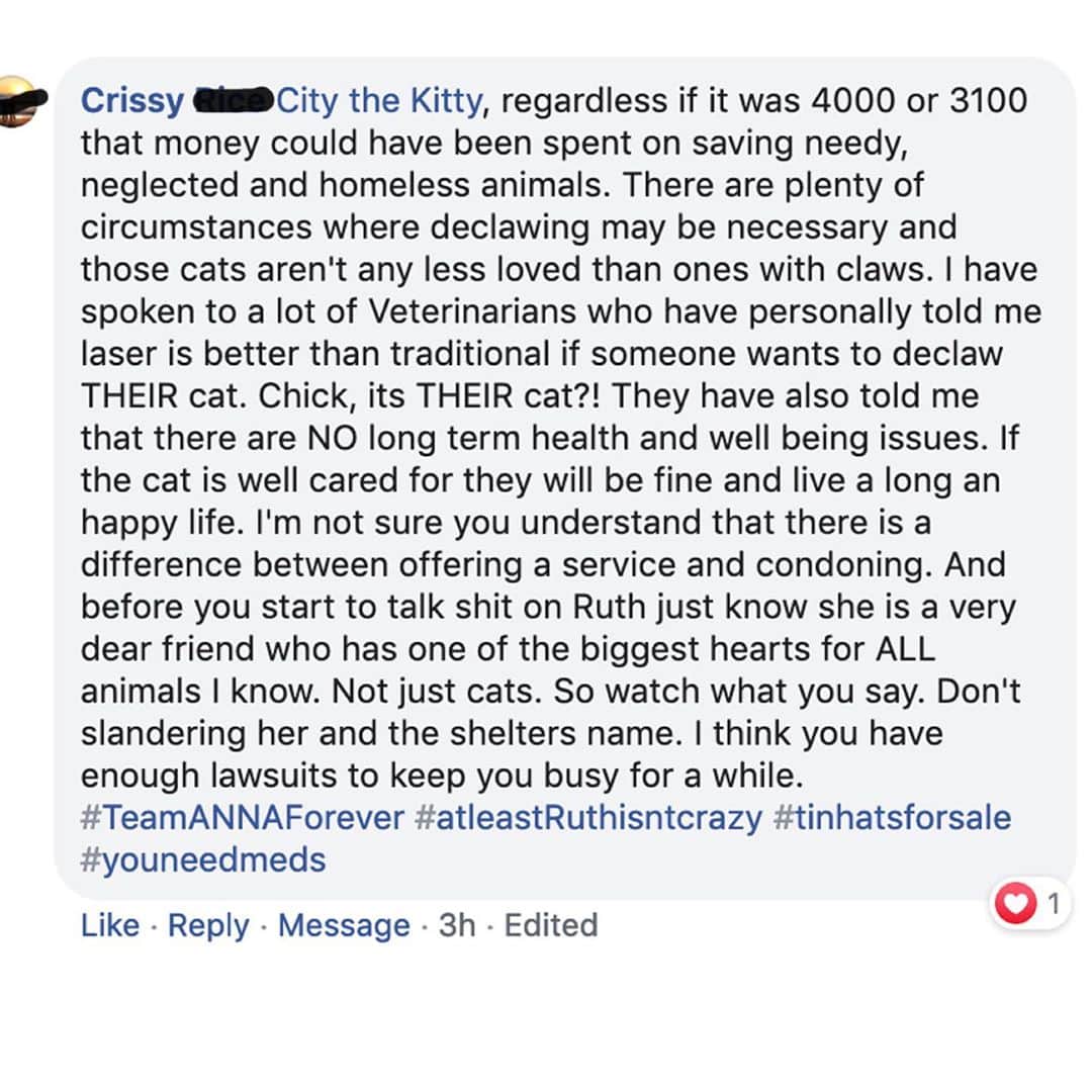 City the Kittyさんのインスタグラム写真 - (City the KittyInstagram)「Crissy is a #TeamANNA family member & said the director of @theannashelter in Erie, PA, is a "dear friend."  She wrote all these comments on our facebook post about our big billboard campaign in Erie, PA to educate people about declawing. 🙀🐾😿   She wrote, "You're already being sued for harrassment." We told her that we have never been sued before. She doubled down on it and said, "Also, slandering is also harrassment. I already know you are being sued because of the harassment you have inflicted upon numerous Veterinarians and shelters." 🐾🐾🐾🐾🐾  Does this woman know something we don't and are we going to be sued by all the declawing vets in Erie and @theannashelter ?🙀🐾🐈🐈  Can you imagine? It would be the case of the century!  👩🏻‍⚖️   There are only two animal shelters in America that condone and perform declawing on innocent cats and one of them is The ANNA Shelter. The other is houstonhumane   We know that declawing vets will go to great lengths to try to preserve their cherished and good income from this sadistic, mutilating, and inhumane amputation procedure so who knows if she is just making this up or if it's true.  #EriePA #Erie #Pennsylvania #TeamANNA #TheANNAShelter #StopDeclawing #Cats  Always take the high road and educate.」9月19日 7時29分 - citythekitty