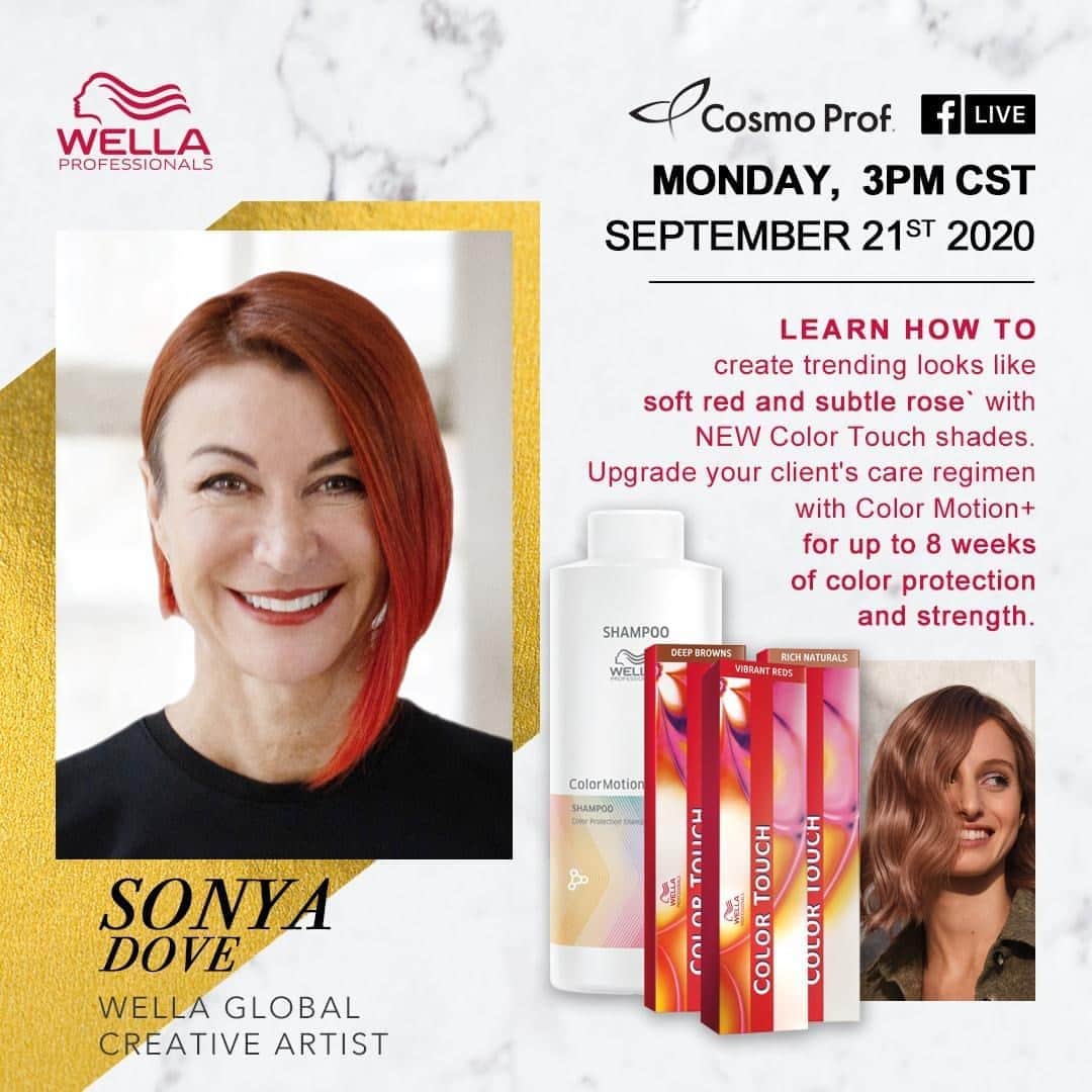 CosmoProf Beautyさんのインスタグラム写真 - (CosmoProf BeautyInstagram)「Time to watch a master at work🖌❤⁣ ⁣ Join us Monday, September 21st at 3 PM CST, for a Facebook Live event with @wellahairusa Global Creative Artist @sonyadove. Sonya will be demonstrating how to create trending looks with the NEW Wella Color Touch shades.⁣ ⁣⁣ ⁣⁣⁣Don't forget to give us a 👍on Facebook to receive notifications once we go live!⁣⁣⁣⁣⁣⁣ ⁣⁣⁣⁣* #cosmoprofbeauty #licensedtocreate #wella #wellahair #wellacolor #facebooklive #colortouch #rosehair #redhaircolor #redheads」9月18日 23時53分 - cosmoprofbeauty