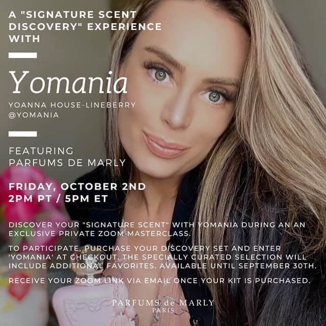 のインスタグラム：「I’m super stoked about my collaboration event with the world-renowned luxury niche fragrance house, Parfums De Marly. I’ve hand-selected and crafted a one-of-a-kind sampling set with them so you can discover your signature scent. This discovery set was thought through with detail and created for the Signature Scent Discovery Experience being held on Friday, October 2nd at 5PM ET/ 2PM PT. To participate, purchase the Discovery Set and enter "YOMANIA’" at checkout at www.parfums-de-marly.com. The kit is available for purchase until September 30th. Link in my bio! Parfums de Marly will then send a private Zoom link with the Olfactive Kit tracking number via email to you.   Looking forward to having you join. It will be an experience! #Exclusive#Zoom#Paris」