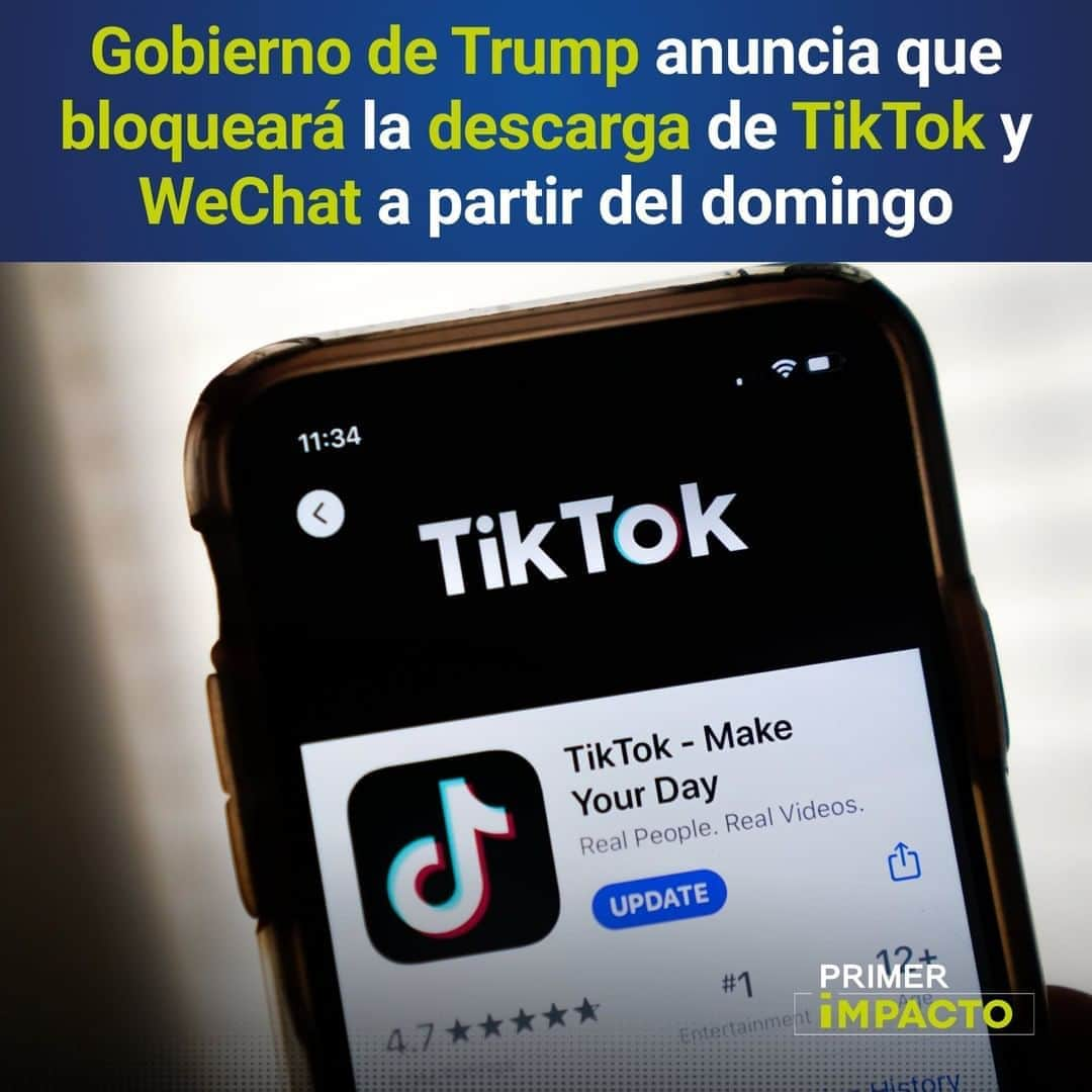 Primer Impactoさんのインスタグラム写真 - (Primer ImpactoInstagram)「La popular red social #TikTok quedará eliminada de las tiendas de aplicaciones en #Estados Unidos a partir de este domingo como parte de la implementación de una orden ejecutiva del presidente #DonaldTrump.   La misma medida se implementará para la app #WeChat, informó el Departamento de Comercio en un comunicado.  Para conocer más sobre esta noticia ingresa al link de nuestra biografía.  #PrimerImpacto.」9月19日 0時24分 - primerimpacto