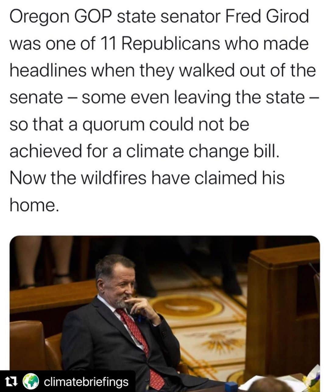 コンスタンス・マリーさんのインスタグラム写真 - (コンスタンス・マリーInstagram)「I do not intentionally wish this on anyone. That said, Karma is a bitch.  46 days to change course to save our planet🌎 because debating policy while on Fire, Multiple Hurricanes & viruses ravage is is impossible. #FredGirod #YouReapWhatYouSow  #ClimateChangeIsReal #ClimateChange #Vote #VoteBlueToSaveAmerica   #Repost @climatebriefings with @make_repost ・・・ Thoughts and prayers to @ sengirod (hahahahaha you can’t tag him in posts anymore ❄️❄️❄️) 🌍🔥✊❤️  @climatebriefings」9月19日 1時07分 - goconstance