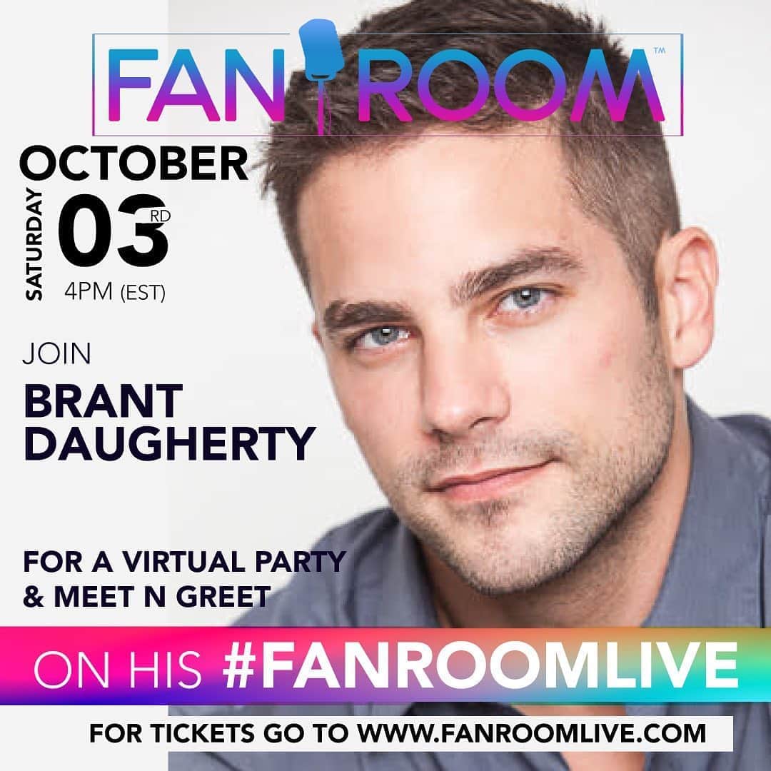 ブラント・ドーハティのインスタグラム：「I loved my last fanroom live so much I decided to do another! Join me Saturday, Oct. 3rd for a virtual event experience. Swipe through for the video with more details! @fanroomlive #fanroom」