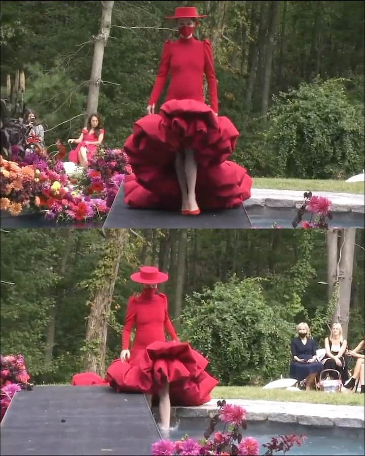 Fashion Weekのインスタグラム：「What working Fashion Month looks like on Instagram vs. what it’s like IRL⁠⠀ ⁠⠀ Shown here, @cocorocha walking @csiriano's #NYFW September 2020 runway, held at his home in Connecticut. Find the full presentation on nyfw.com now!」