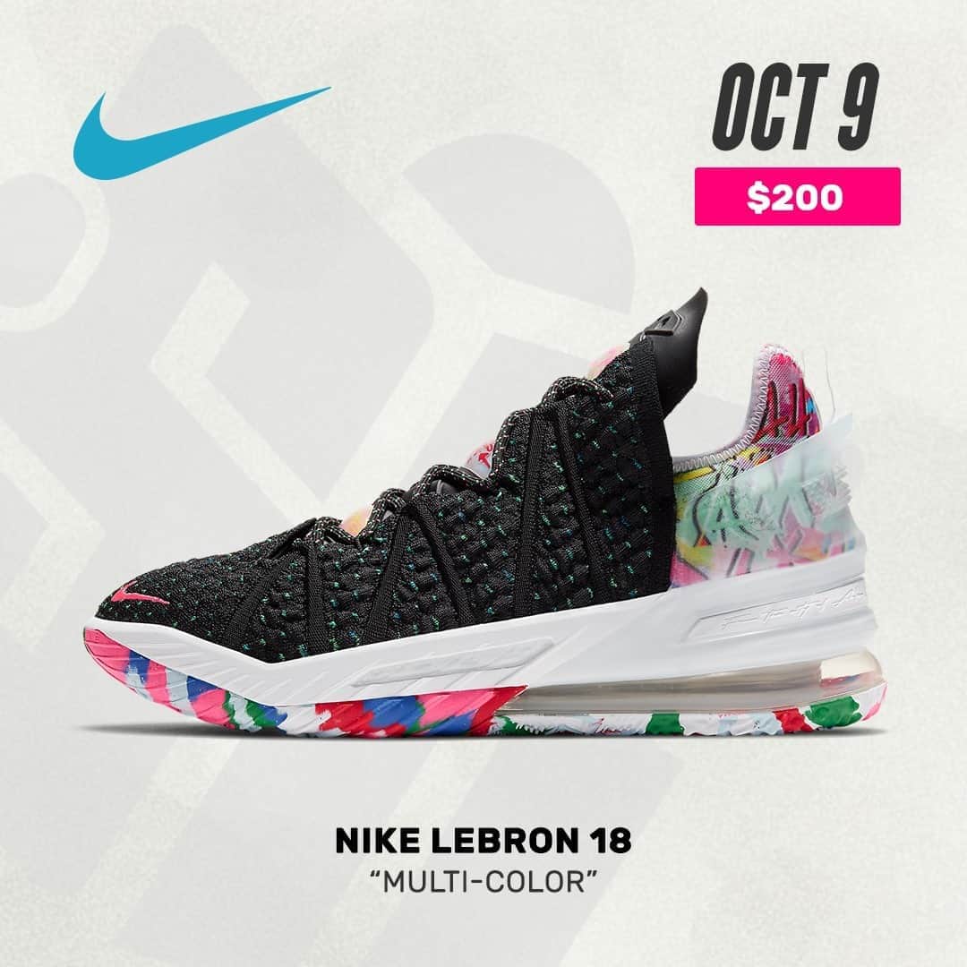 Sneaker Newsさんのインスタグラム写真 - (Sneaker NewsInstagram)「#SNReleaseAlert: The Nike LeBron 18 "Multi-Color" officially releases on October 9th for $200. Hit the link in our bio for a look at official images.」9月19日 2時30分 - sneakernews