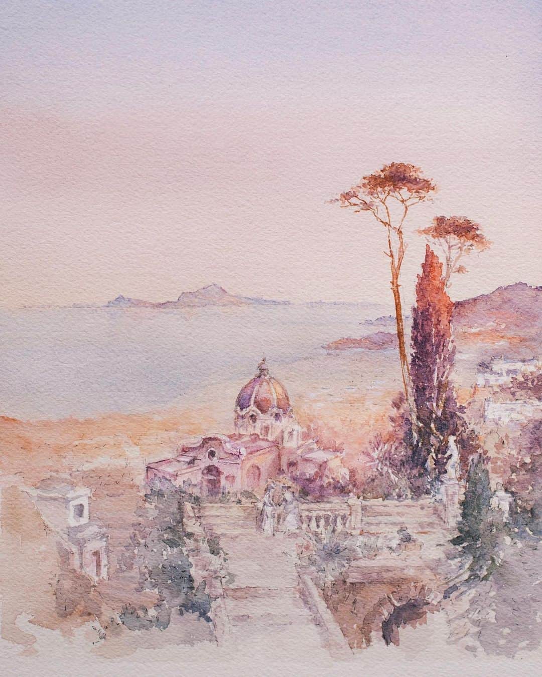 のインスタグラム：「A watercolor study after Franz Richard Unterberger’s oil painting «The view from the balcony»」