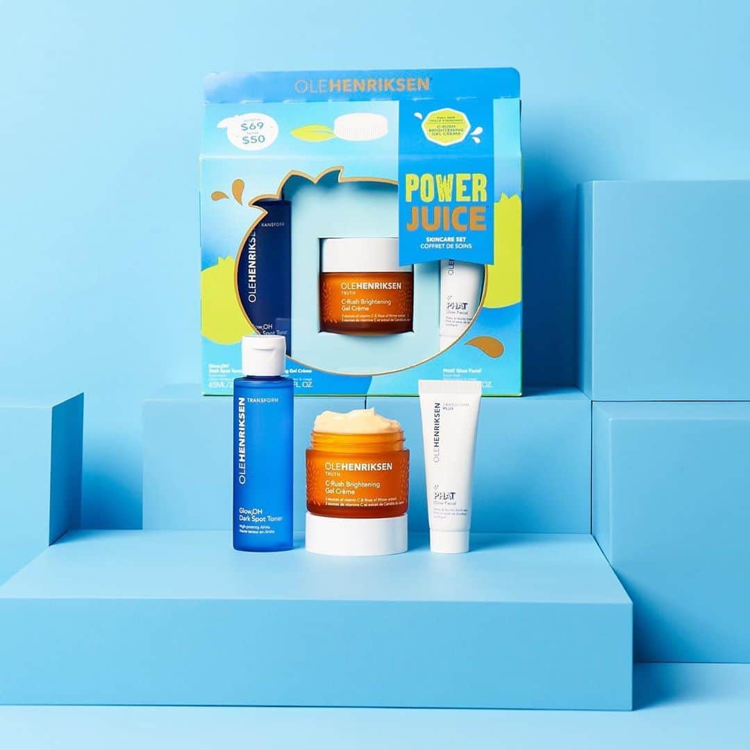 ウラヘンリクセンさんのインスタグラム写真 - (ウラヘンリクセンInstagram)「NEW SET, WHO DIS?? ✨ You’ve got the power to transform your skin with our new Power Juice Skincare Set including: 💙 0.5 oz PHAT Glow Facial 💙 2.2 oz Glow2OH Dark Spot Toner 💙 1.7 oz C-Rush Brightening Gel Crème (Full-size!) Want to take your skincare routine to the next level? Shop this set on OLEHENRIKSEN.com for only $50.00 ($69.00 value) 😱」9月19日 3時42分 - olehenriksen