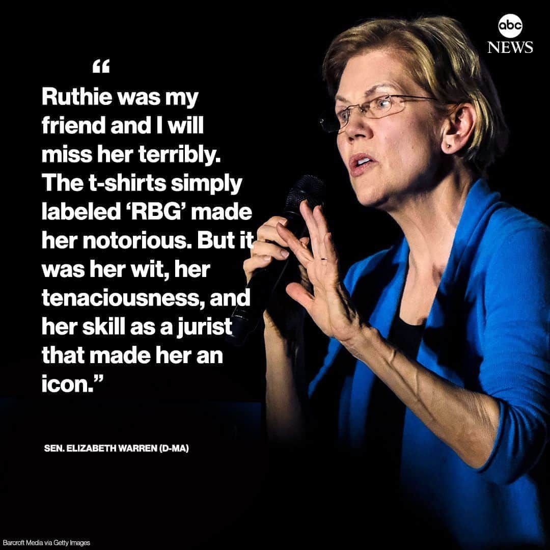 ABC Newsさんのインスタグラム写真 - (ABC NewsInstagram)「NEW: Sen. Elizabeth Warren on passing of Supreme Court Justice Ruth Bader Ginsburg: "The t-shirts simply labeled 'RBG' made her notorious. But it was her wit, her tenaciousness, and her skill as a jurist that made her an icon." #ruthbaderginsburg #rbg #elizabethwarren #supremecourt」9月19日 9時49分 - abcnews
