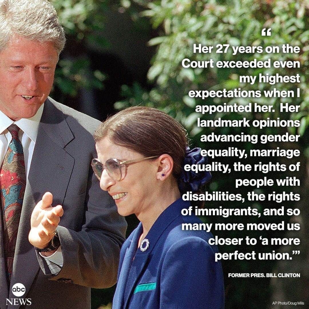 ABC Newsさんのインスタグラム写真 - (ABC NewsInstagram)「JUST IN: Former Pres. Bill Clinton, who appointed Justice Ruth Bader Ginsburg to the Supreme Court in 1993: "With the passing of Ruth Bader Ginsburg, America has lost one of the most extraordinary Justices ever to serve on the Supreme Court." #billclinton #ruthbaderginsburg #rbg #supremecourt」9月19日 11時15分 - abcnews