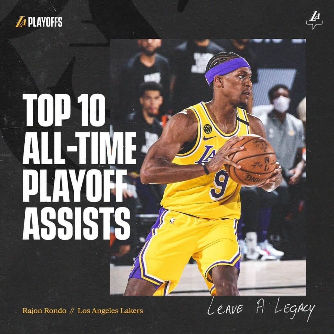 Los Angeles Lakersさんのインスタグラム写真 - (Los Angeles LakersInstagram)「Congrats to @rajonrondo for passing Michael Jordan and joining the all-time top 10 for playoff assists 🙌」9月19日 12時25分 - lakers