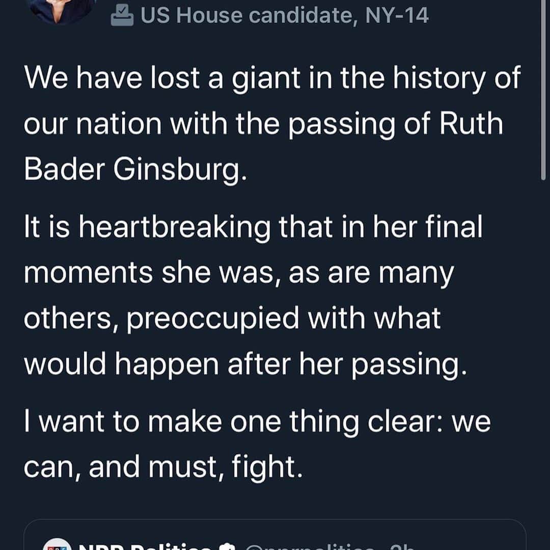 レナ・ヘディのインスタグラム：「@aoc Thankyou RBG. A warrior of light and justice. We may have lost you but you will continue to inspire. I for one choose to believe you will eternally shine a light of guidance and justice.   “ defined  by no man, you are your own story, blazing through the world, turning history into her story. And when they dare tell you about all the things you cannot be, you smile and tell them, I am both war and woman and you cannot stop me” @nikita_gill   Rest in power 👑  Most glorious way to honor RBG. VOTE. LETS FUCKING VOTE BEAUTIFUL PEOPLE.」