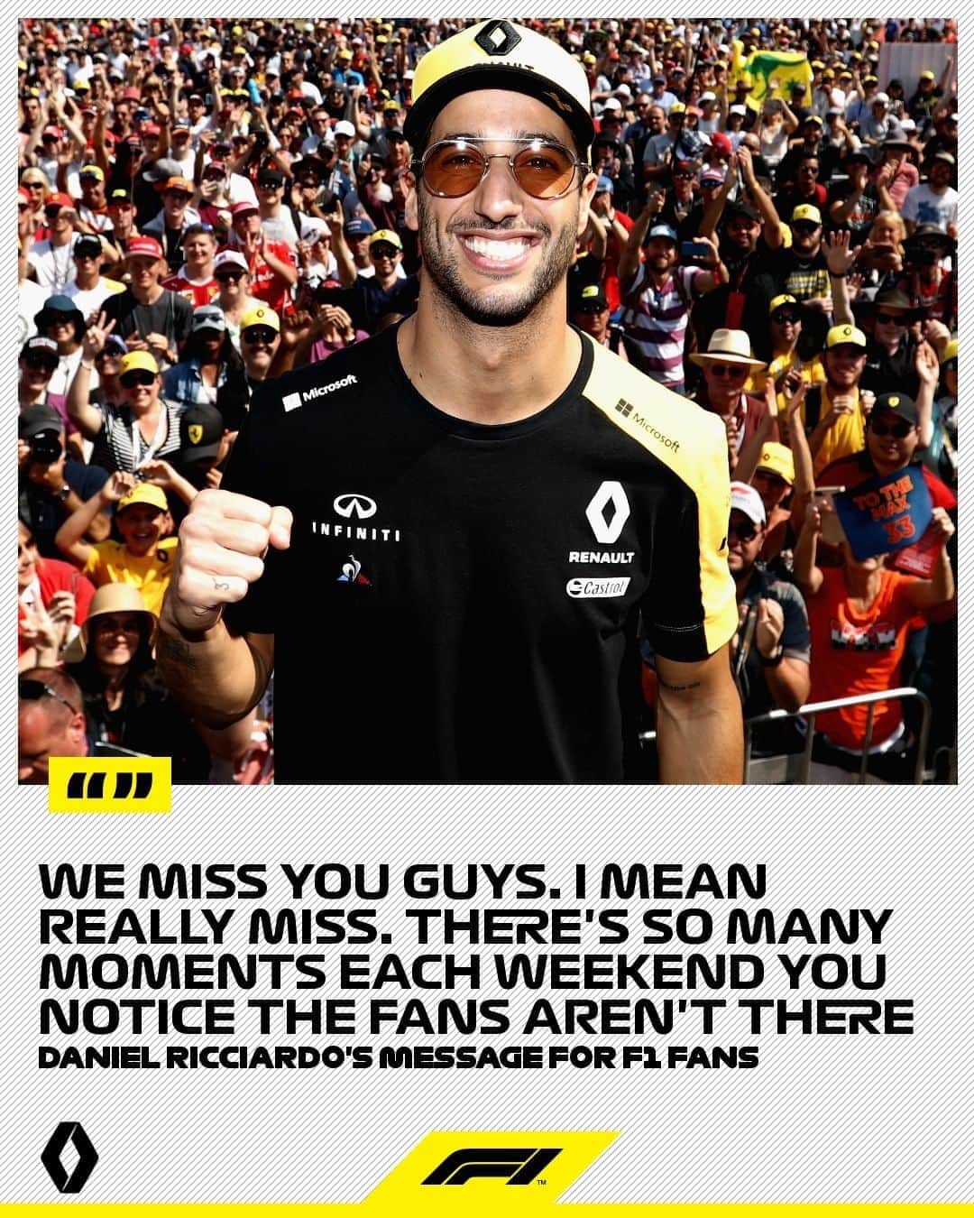 F1さんのインスタグラム写真 - (F1Instagram)「We couldn't agree more with Daniel Ricciardo's latest message for F1 fans 👀 😍 .  We can't wait to have you back with us - it's just not the same without you 👊 .  #F1 #Formula1 #DanielRicciardo #RenaultF1Team @danielricciardo @renaultf1team」9月20日 1時52分 - f1