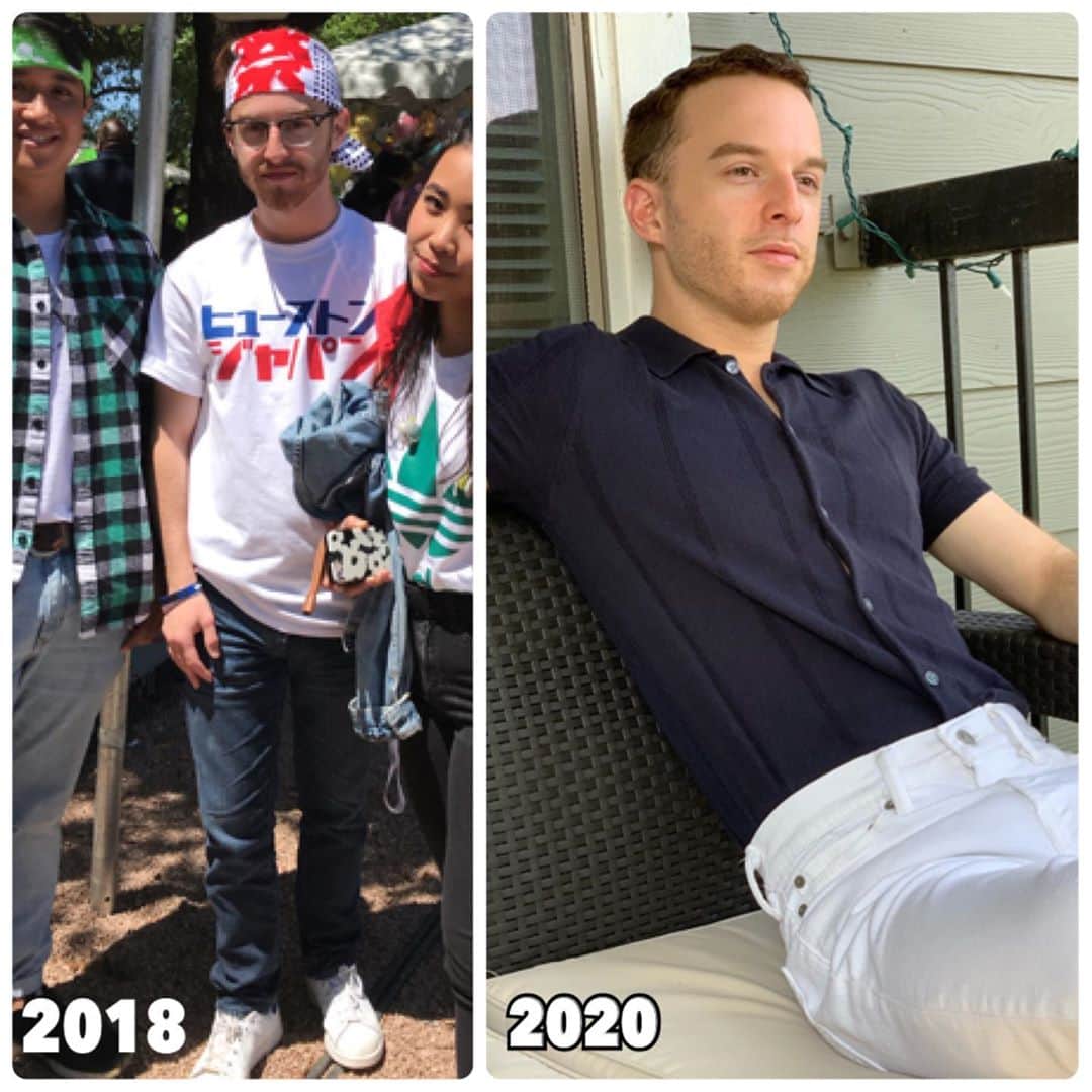 のインスタグラム：「Glow up✨これが自分に合う洋服を着る大切さの証明: 自分が小さいからとか、太っているからとか、身長が高すぎるからでは無く、自分の体に合ったデザインと形の洋服を着るってこんなにも違って見えるんですね😆  *ちなみにこれはジェイコブさんが皆さんに自分のファッションの変化を見せたいとお願いされてポストしてます  ✨(ちなみにジェイコブさんは164cmでアメリカ人にしては凄く小さいし、かなり細い方で昔は自分に似合う服が無くてファッション自体大嫌いでしたが、今では自分のスタイルがわかってきたお陰で私と同じぐファッションが大好きです❤️)  ジェイコブさん2018から2020年のスタイルの変化をまとめてみました☝︎✨ #洋服　#ファッション　#自分に合うスタイル　#英語　#アメリカ　#アメリカ生活　#メンズファッション」
