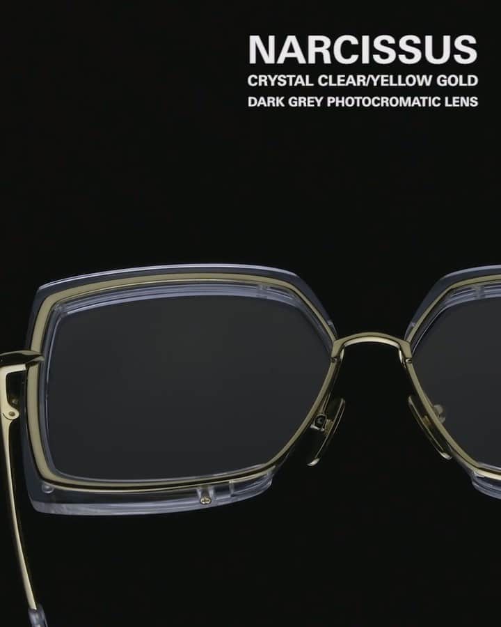 ディタのインスタグラム：「Crystal clear acetate with yellow gold details, the latest Narcissus boasts photocromatic lenses that darken from clear to grey with exposure to sunlight. Limited quantities are now available online and in select flagship stores. #DITA #DITAeyewear #DITAsunglasses #Narcissus」