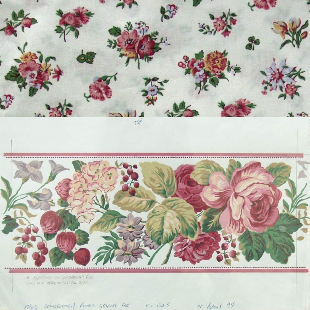 のインスタグラム：「‘Rosemoor’ & ‘Gainsborough’ are prints that were both inspired by a painted antique artwork in the Laura Ashley archive.   The Gainborough design dates back to 1994 and incorporates traditional British flowers and fruits, such as roses, convolvulus and strawberries.  Head to our Instagram Stories to discover how these two prints from the #LauraAshleyArchive have been used in a recent sell out print collaboration with @ragandbone.  #LauraAshleyHeritage」