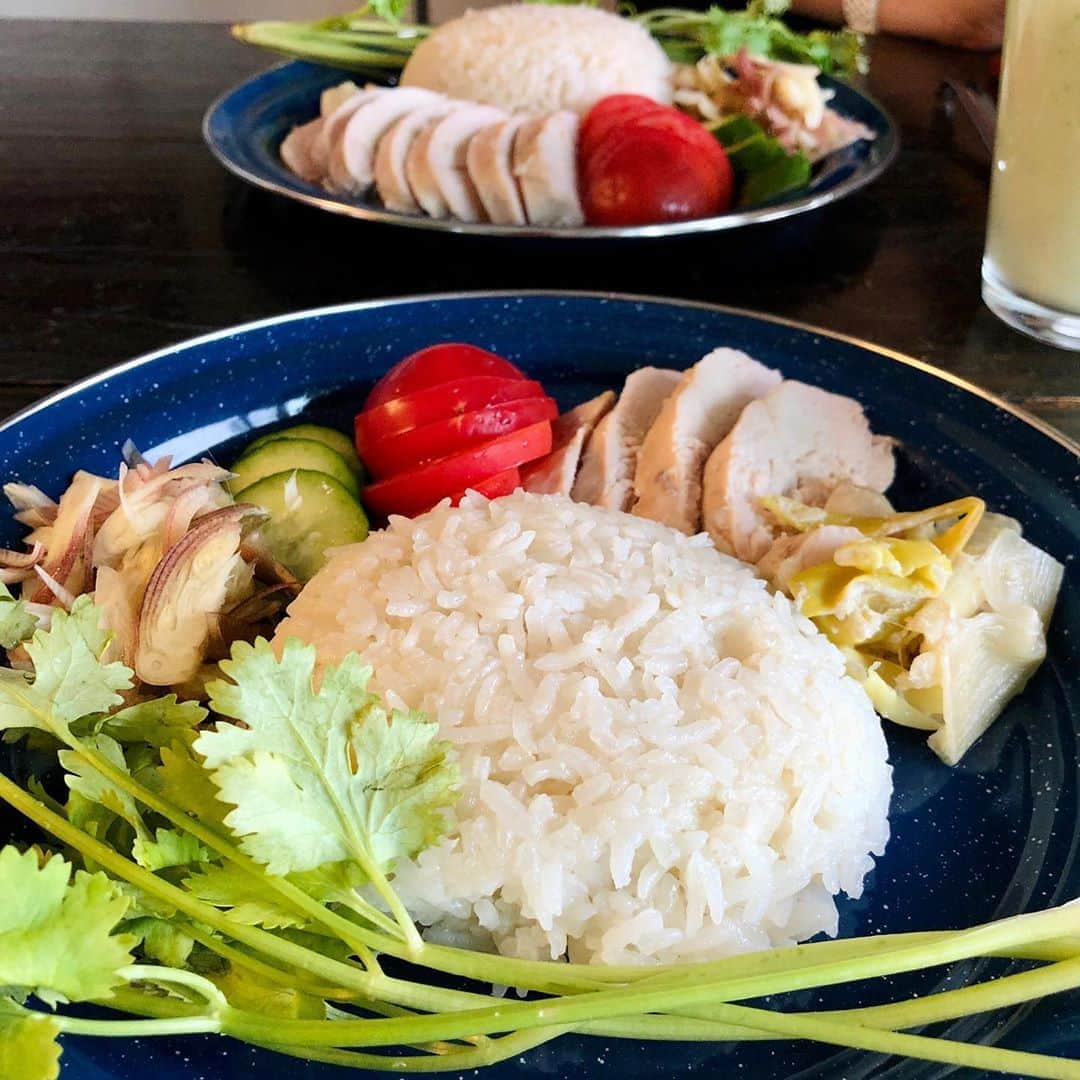 池田有希子のインスタグラム：「今日は鶏飯よ〜。モーリーのお腹周り削減のためと筋力アップのため鶏胸肉を使いましたが、#電鍋 のお陰でパサパサせずに美味しくできました。ジャスミンライスも良い感じ。美味しく調理した胸肉って、脂身の旨味が好きな人でも満足できるところまで行けるんですね。手を抜かなければ！😅 　 #大同電鍋　#電鍋料理」