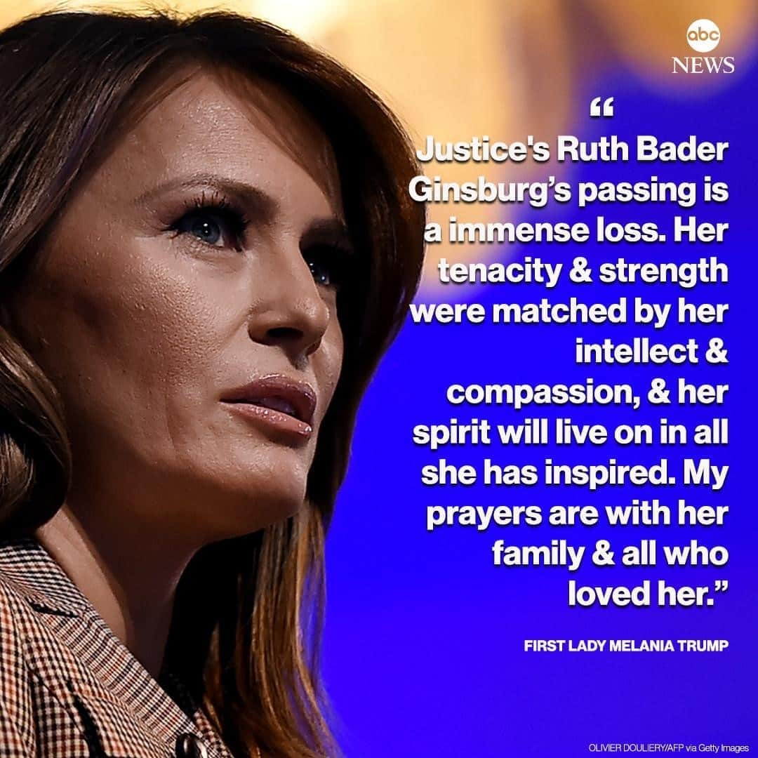 ABC Newsさんのインスタグラム写真 - (ABC NewsInstagram)「NEW: First Lady Melania Trump on Ruth Bader Ginsburg: "Justice's Ruth Bader Ginsburg’s passing is a immense loss. Her tenacity & strength were matched by her intellect & compassion, & her spirit will live on in all she has inspired." #melania #trump #flotus #ruthbaderginsburg」9月19日 22時34分 - abcnews