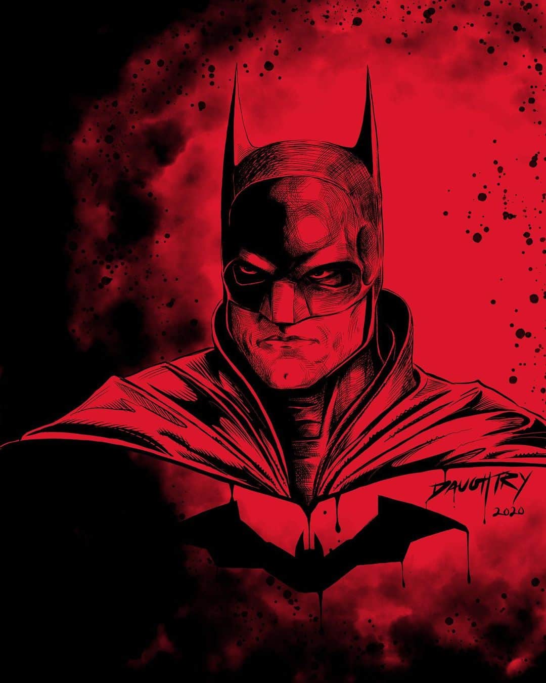 クリス・ドートリーのインスタグラム：「HAPPY BATMAN DAY!  🦇 And since it’s #batmanday I thought it a good time to post this new BATTINSON piece is just finished!  🦇  Prints will be available soon on link in bio!  🦇 SWIPE LEFT to see a bit of the process. Digital inks done on iPad Pro in @adobe #fresco Last pic is original blue pencil.  #batman #battinson #robertpattinson #thebatman」