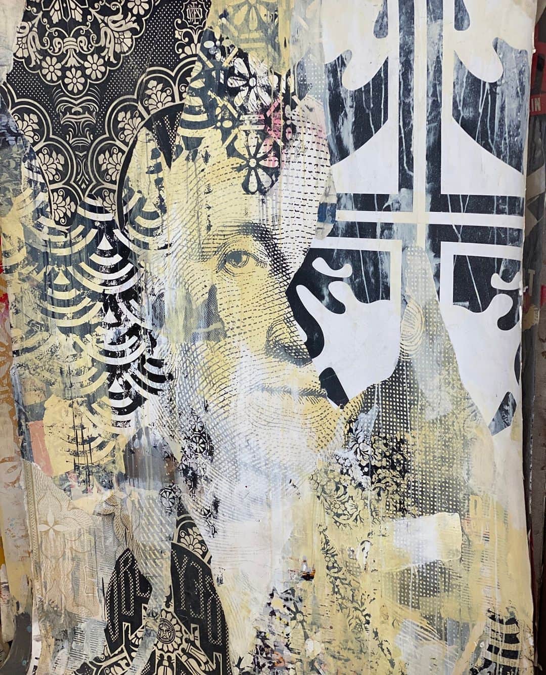 Shepard Faireyのインスタグラム：「Collage is a technique that I use in a lot of my fine art, with patterns, text, and layers of ripped materials and stencils. I like to approximate the organic accumulation and decay of poster walls on the street in my studio work. Here’s a look at a piece in progress at the collage step, before additional painting and media is layered on top of it.⁠ ⁠ From the studio in LA. -Shepard」
