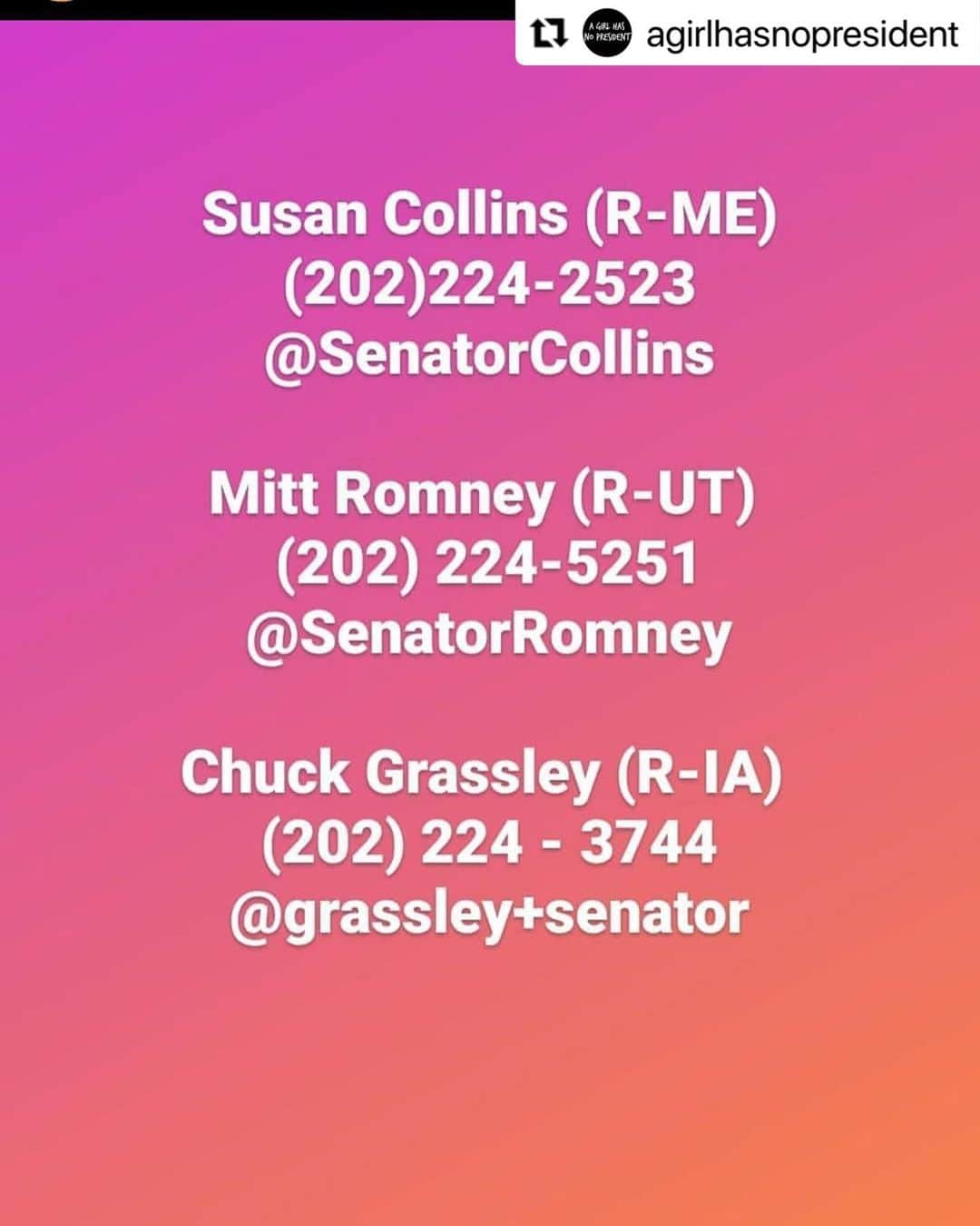 レスリー・フェラさんのインスタグラム写真 - (レスリー・フェラInstagram)「Yesterday we mourned. Today we mourn and fight!  Stand up and say: “NO! We will not accept another Trump Supreme Court pick 45 days before an election. Allow the nation to decide!” After @senatemajldr 11-month  blockade of Merrick Garland during the Obama Administration - this GOP move would be the height of hypocrisy. Not to mention, quickly jamming through a replacement demonstrates an utter lack of decency - it spits on the memory and legacy of RBG. It took me 30 min to make these calls. Take the time - it matters. And keep the pressure on. Let your voices be heard!! *Note: Senator Daines number is incorrect above — it’s 202-224-2651.    #Repost @agirlhasnopresident with @make_repost ・・・ I hope you’re calling and reaching out to your own reps, but you can also reach out to other reps as well. Yes, it helps you live in their state, but you don’t have to. These are some reps who need to hear from all of us. They also need to be reminded that there’s an election coming, and in their seats are up for grabs as well.  #MarcoRubio FL #RickScott FL #LisaMurkowski AK #SusanCollins ME #MittRomney UT #ChuckGrassley IA #CoryGardner CO #ThomTillis NC #SteveDaines MT #LindseyGraham SC  #TomCotton AR #JoniEarnst IA」9月20日 5時58分 - mslesleyfera