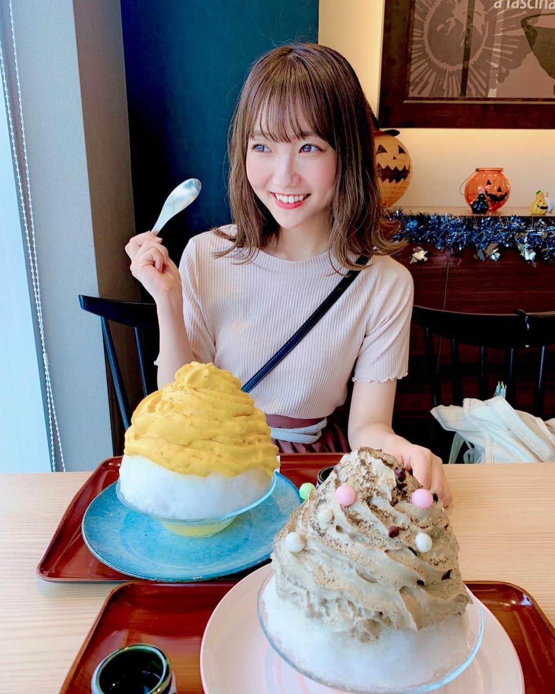 夏川愛実のインスタグラム：「﻿ かぼちゃとほうじ茶﻿ 最高ですか🥺💓﻿ ﻿ ﻿ 久屋大通パーク﻿ 清水一芳園さん🍂﻿ ﻿ ﻿ #久屋大通公園#レイヤード久屋大通パーク  #久屋大通パーク#清水一芳園#久屋カフェ#栄カフェ﻿ #ほうじ茶かき氷#ほうじ茶エスプーマ#和カフェ﻿ #かぼちゃかき氷#かぼちゃエスプーマ#かき氷#名古屋カフェ﻿ ﻿ ﻿ ﻿ ﻿」
