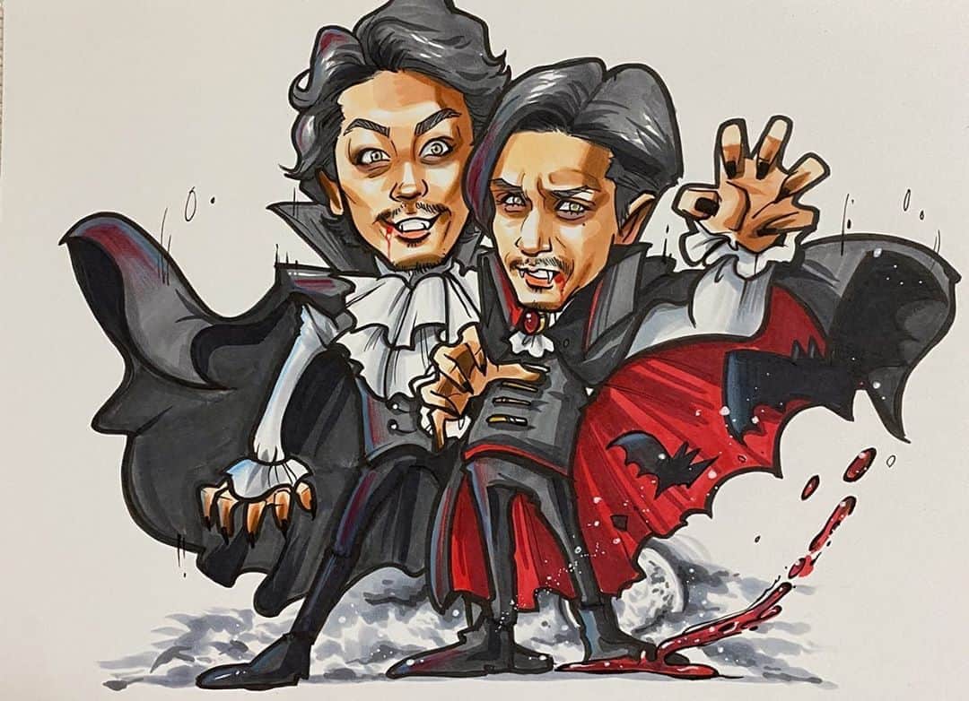似顔絵★𝗚𝗢𝗥𝗜𝗞𝗜𝗡𝗚のインスタグラム：「. . #gorikingのハロウィンシリーズ2020   . . 先日は、たーくさんのリクエストありがとうございます🙇‍♀️✨❤️ . . . 早速その中からこちらの2人を❣️  #赤西仁　さんと #錦戸亮  さんの バンパイヤーーーー🧛‍♂️🔥🔥🔥🔥 . . 赤西さんはちょっと微妙になってしまったけど、錦戸さんは自分的にはいい感じのつもりです❤️❤️w . . . これから2020年ハロウィンシリーズ ガンガン描いてくゾーーー🧟‍♀️🎃🖤 お楽しみに❤️❤️  . . ファンの方が喜んでいただけますように、、、❤️  . @jinstagram_official  @jinstagram_official  . . .  ❌❌現在は、予約受付終了してます❌❌ 。 . . .  2020年度ご予約のお客✨ 現在70番までの方へ案内中です🌟✨💕 DMの確認いただきgmailへ返信宜しくお願い致します🙇‍♀️🌟✨✨ . . . .  次回の予約応募は、2020年のご予約分を書き終える予定の 来年春から夏頃の、、、予定です。 ※あくまでも予定なので前後します🙇‍♀️ . . . .  オーダー再開の際には 人数制限あるため必ず予約ができるわけではございません。 そのことも踏まえた上で 次回ご検討いただけると嬉しいです(^^) . . また、結婚式の使用を考えてくださる方も多いです✨  前々からお伝えしていますが、 基本的に予約順に対応しているため、 近々の納期を希望される方は、 対応できないこともあるので、 あらかじめご了承ください💦 . . . . . ※今回予約が取れた方へ※ . .  写真がまだ用意できてない、入金が遅れそうなど、状況により、順番が前後することもございます‼️ あらかじめご了承ください。 。 . . . また、芸能人、キャラクターのオーダー、パロディ風オーダーはお断りしています。  芸能人については、ご本人様に直接プレゼントなどはOKです。 . . . . . . 💰料金表は過去投稿記事みてね❤💰 . . . . . ➡️ハッシュタグ⇨ goriking117料金表2019⬅️ . . ✨✨✨✨✨✨✨✨✨✨✨✨✨✨✨✨ @by.goriking のアカウントでは、 過去書かせて頂いたお客様方からの、 似顔絵のその後のお写真をいただき、 投稿しております^ - ^❤️❤️ 玄関に飾ってある似顔絵、 渡した瞬間のお写真、 ご本人とのお写真などなど💕 いろんな場面でのお写真お待ちしております^ - ^✨⭐️ . . . .  #似顔絵#pencildrawing#drawing#pencil#illust#painting#art#artwork#絵描きさんと繋がりたい#似顔絵師#gorikingの似顔絵屋さん#ハロウィン#halloween#halloweenart#仮装#Dracula#jinakanishi#ryonishikido#ハロウィンコスプレ#コスプレ#Japan#🇯🇵#comicart#anime#animeart#comicartist#animejapan」