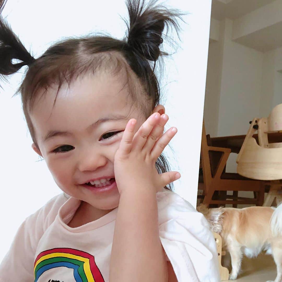 川畑ありささんのインスタグラム写真 - (川畑ありさInstagram)「🐶と🐻♡（笑） 宇宙人ヘアをほどいたら後半の写真になります。（笑）こんなキャラクターおりそうw🤣 . #赤ちゃんと犬 #thedays_of_nico」9月21日 6時59分 - princess_arisa