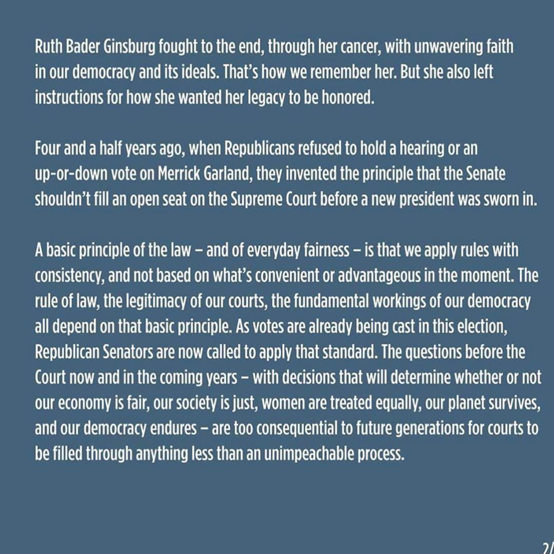 ベラ・ハディッドさんのインスタグラム写真 - (ベラ・ハディッドInstagram)「💔... rest in power to the most high RBG💪🏼💔Please read this ❤️ rp... @barackobama ... And join me in signing the “Do not fill Ruth Bader Ginsburg's Supreme Court seat until after the 2021 inauguration” petition. If this was her last wish , I only hope we can fulfill it for her. ( I will leave the link in my bio. )   “ We must honor Ruth Bader Ginsburg's legacy and hold every politician accountable to the most basic standards of fairness by demanding they not move any new nomination forward for the lifetime appointment to the highest court in the nation until every vote is counted and the inauguration is complete.”   In honor of RBG and our planet , we MUST ALL do our part and..VOTE. VOTE. VOTE. VOTE. ‼️‼️‼️‼️」9月21日 0時36分 - bellahadid