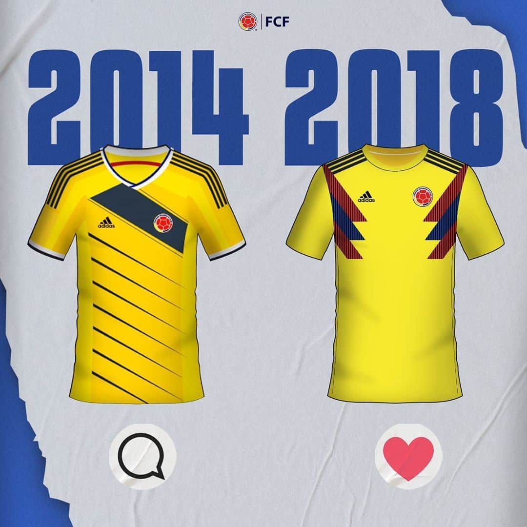 サッカー コロンビア代表チームのインスタグラム：「#CamisetasMundialistas 👕  Con estas camisetas nos llenamos de alegría y vibramos de emoción 🥳  ¿Con cuál tienes más recuerdos? 😍   Reacciona y cuéntanos 🇨🇴🔥」