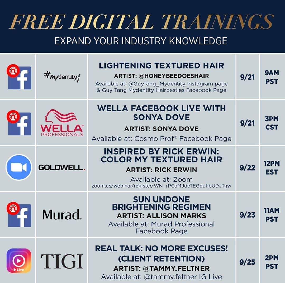 CosmoProf Beautyさんのインスタグラム写真 - (CosmoProf BeautyInstagram)「Sharpen your skills with Free Digital Trainings from your favorite brands. Tips, tricks and more from cutting-edge stylists who can save you time and money. Check out the full schedule at the link in bio! * #cosmoprofbeauty #licensedtocreate #freetraining #education #stylists #webinar #wella #mydentity #goldwell #murad #tigi」9月21日 2時03分 - cosmoprofbeauty