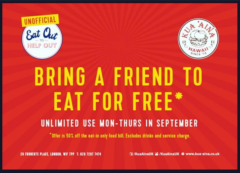 Kua 'Aina UKさんのインスタグラム写真 - (Kua 'Aina UKInstagram)「Happy Monday!!!! As promised our own version of Eat out to help out. Bring a friend and they eat for free!! This offer runs Monday to Thursday till the end of September so take advantage. #winning #burgers #eatouttohelpout #friends #kuaainauk」9月21日 15時55分 - kuaainauk