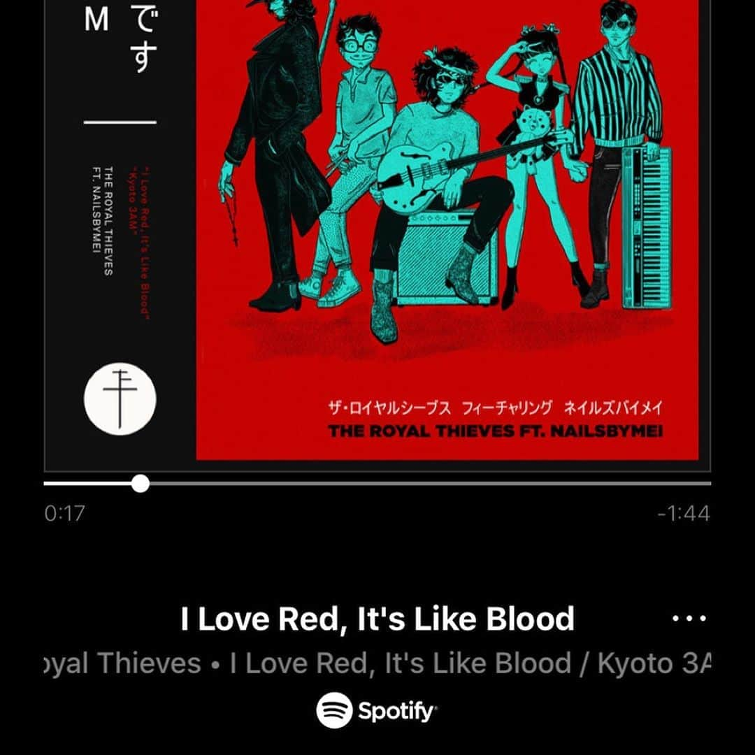 Mei Kawajiriさんのインスタグラム写真 - (Mei KawajiriInstagram)「Announce!!!! Me and @theroyalthieves made song 🎼🎤 “I love red, it’s like blood “and “ Kyoto 3AM” Now on @applemusic @spotify 🎙🎙🎙🎙🩸🩸🩸🩸🩸🩸🩸 #Nailsbymei ( Link in bio👆🏻👆🏻👆🏻 )   Art work by @jeremy_gdalia 💟💟💟」9月21日 8時08分 - nailsbymei