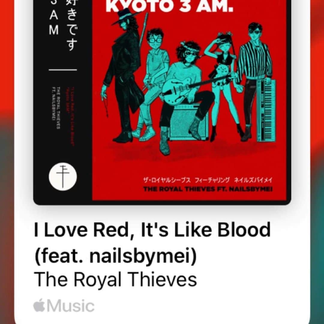 Mei Kawajiriさんのインスタグラム写真 - (Mei KawajiriInstagram)「Announce!!!! Me and @theroyalthieves made song 🎼🎤 “I love red, it’s like blood “and “ Kyoto 3AM” Now on @applemusic @spotify 🎙🎙🎙🎙🩸🩸🩸🩸🩸🩸🩸 #Nailsbymei ( Link in bio👆🏻👆🏻👆🏻 )   Art work by @jeremy_gdalia 💟💟💟」9月21日 8時08分 - nailsbymei