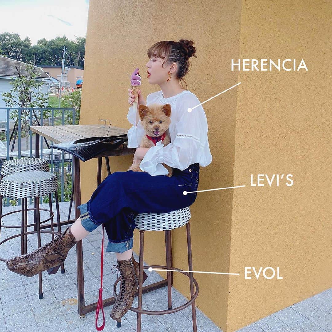 yukichi_yukiさんのインスタグラム写真 - (yukichi_yukiInstagram)「🍦🍦🍦🐶🐶🐶❤️❤️❤️  ちと涼しい日にたべる アイスクリームの贅沢なこと🍦  tops: @herencia_official #herencia#ヘレンチア pants: @levis #levis #リーバイス shoes: @evol_official0 #evol #イーボル  #ゆきちゆき #ゆきちふく」9月21日 9時15分 - yukichi_yuki